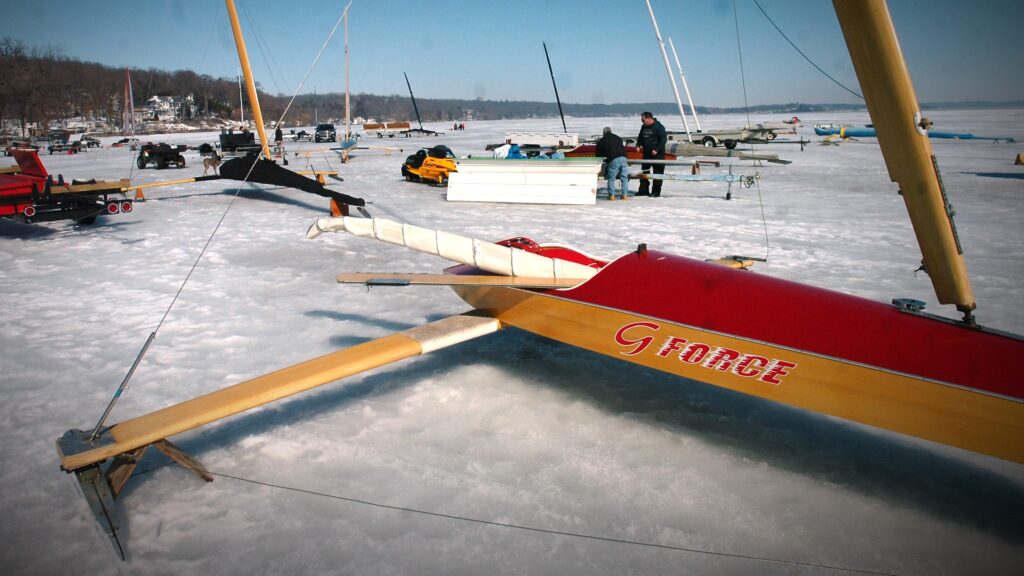 Ice boats fill the bay in front of Gordy's in Fontana.