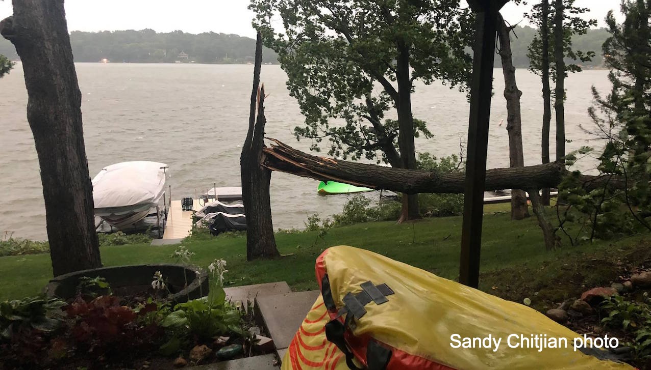 Trees along Whitewater Lake were snapped by a strong storm the blew through Tuesday evening. Photo courtesy Sandy Chitjian