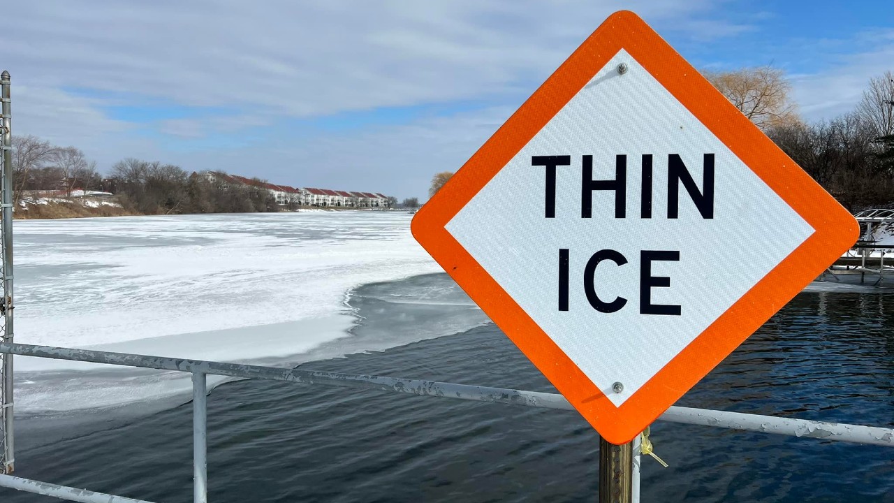 The Delavan Lake Improvement Association posted this photo a week ago warning people to be wary of thin ice. Photo courtesy DLIA on Facebook.